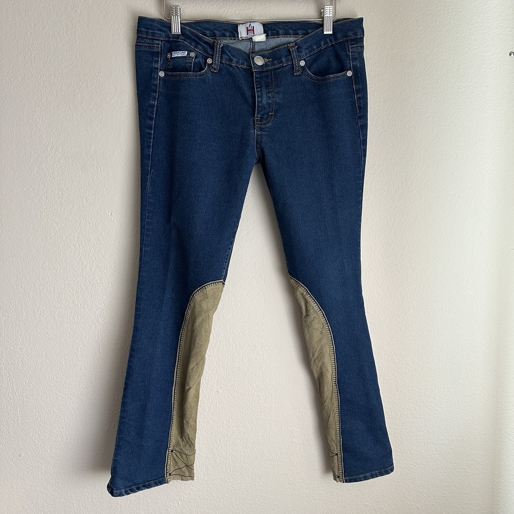 High Line Outfitters Equestrian Jeans 31 Blue Suede Patch Bootcut Hem Button